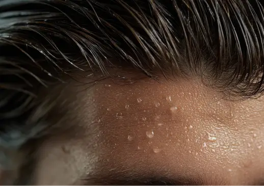 Sweat beading on a man's forehead and hairline, a common excessive sweating concern