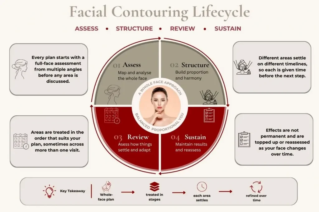 Facial balancing lifecycle showing the typical approach to the treatment from assessment through the maintenance phase.