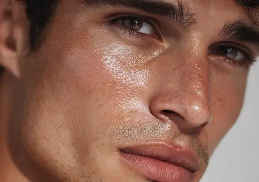 Close-up of a man's oily, congested skin across the cheek and nose, a common male skin concern