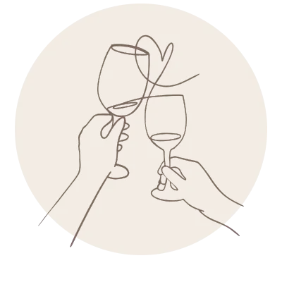 Line drawing of two hands raising wine glasses in a toast