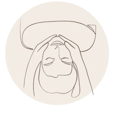 Line drawing of a person lying down with two hands resting on their forehead