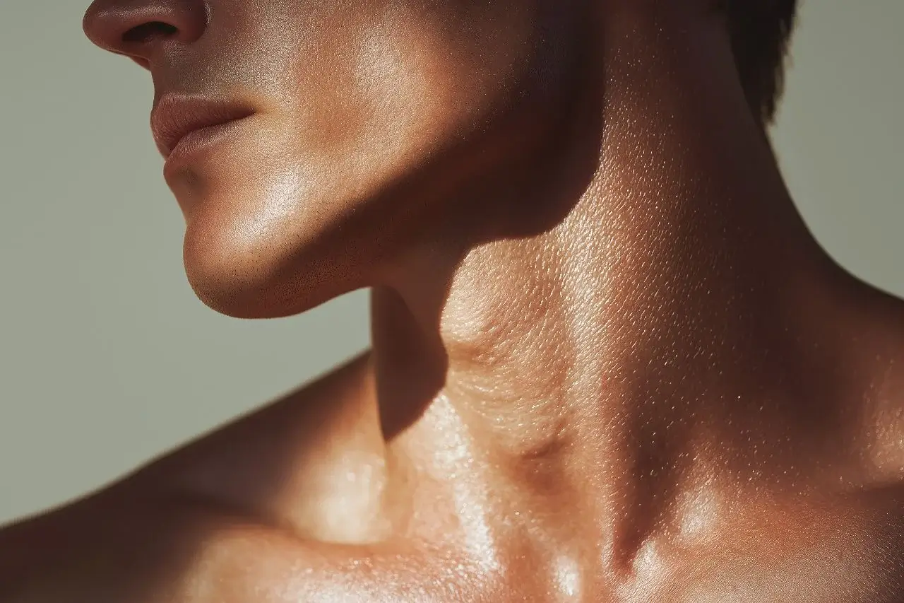 Close-up side profile of a man's defined jawline and neck