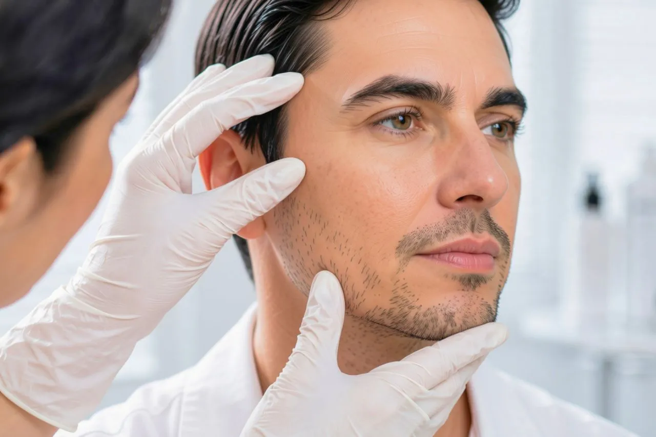 Man's face being examined by a gloved practitioner during a cosmetic consultation